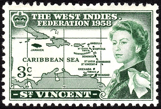 A 1958 stamp of the West Indian Federation including Jamaica, Trinidad and Tobago, and the “Little Eight” under the leadership of Queen Elizabeth II.
