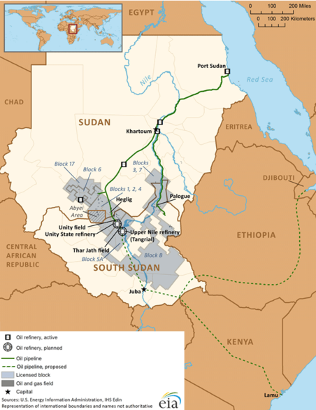 Oil fields and infrastructure in Sudan and South Sudan in 2014.
