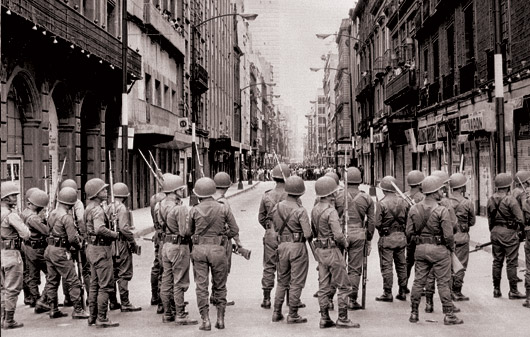 Soldiers on a street near a central plaza in Mexico City in September 1968.