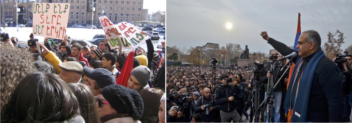 On the left, protesters in Mashtots Park in 2012. On the right, Raffi Hovannisian in Yerevan’s Freedom Square.