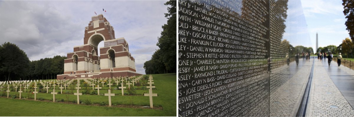 On the left, the Thiepval Memorial to the Missing of the Somme in France. On the right, the Vietnam Veterans Memorial with the Washington Monument in D.C. in the background.