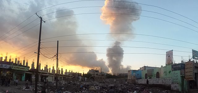 The aftermath of Saudi bombings in Sana’a in 2015.