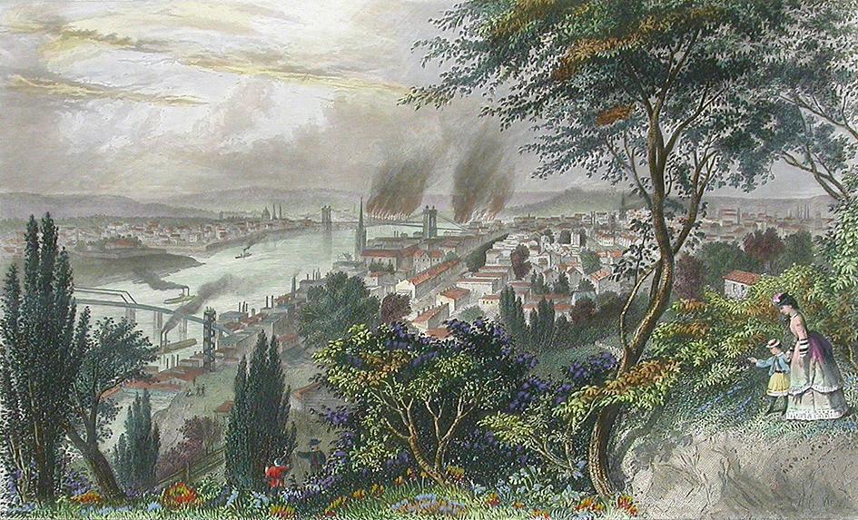 A steel engraving showing Cincinnati in 1872 as a heavily industrialized city.
