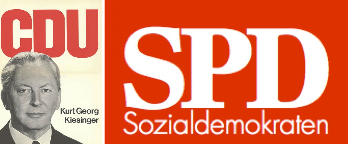 On the left, a 1965 poster for the Christian-Democratic Union with Kurt Georg Kiesinger. On the right, the logo of the Social Democratic Party of Germany.