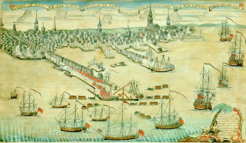 A 1770 engraving by Paul Revere depicting the arrival of British troops in Boston in 1768.