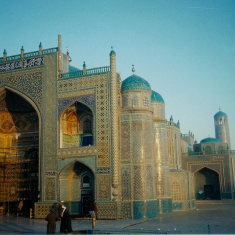 The Blue Mosque at Mazar-i Sharif at dawn, 1996. The Blue Mosque at Mazar-i Sharif at dawn, 1996.