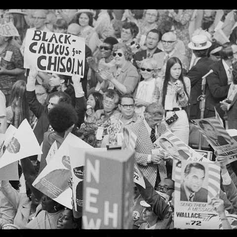 Crowd with sign: "Black Caucus for Chisholm"
