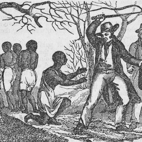 A slave owner holding a baby and a whip and a group of slaves