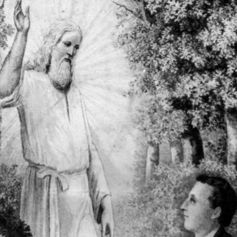The angel Moroni delivering the golden plates containing the Book of Mormon to Joesph Smith Jr.