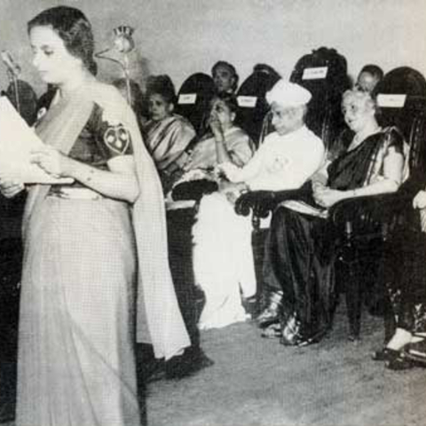 1952 Family Planning Conference in India. Avabai Wadia (Reading message), Dr. Sarvepalli Radhakrishnan, Lady Rama Rau, and Margaret Sanger